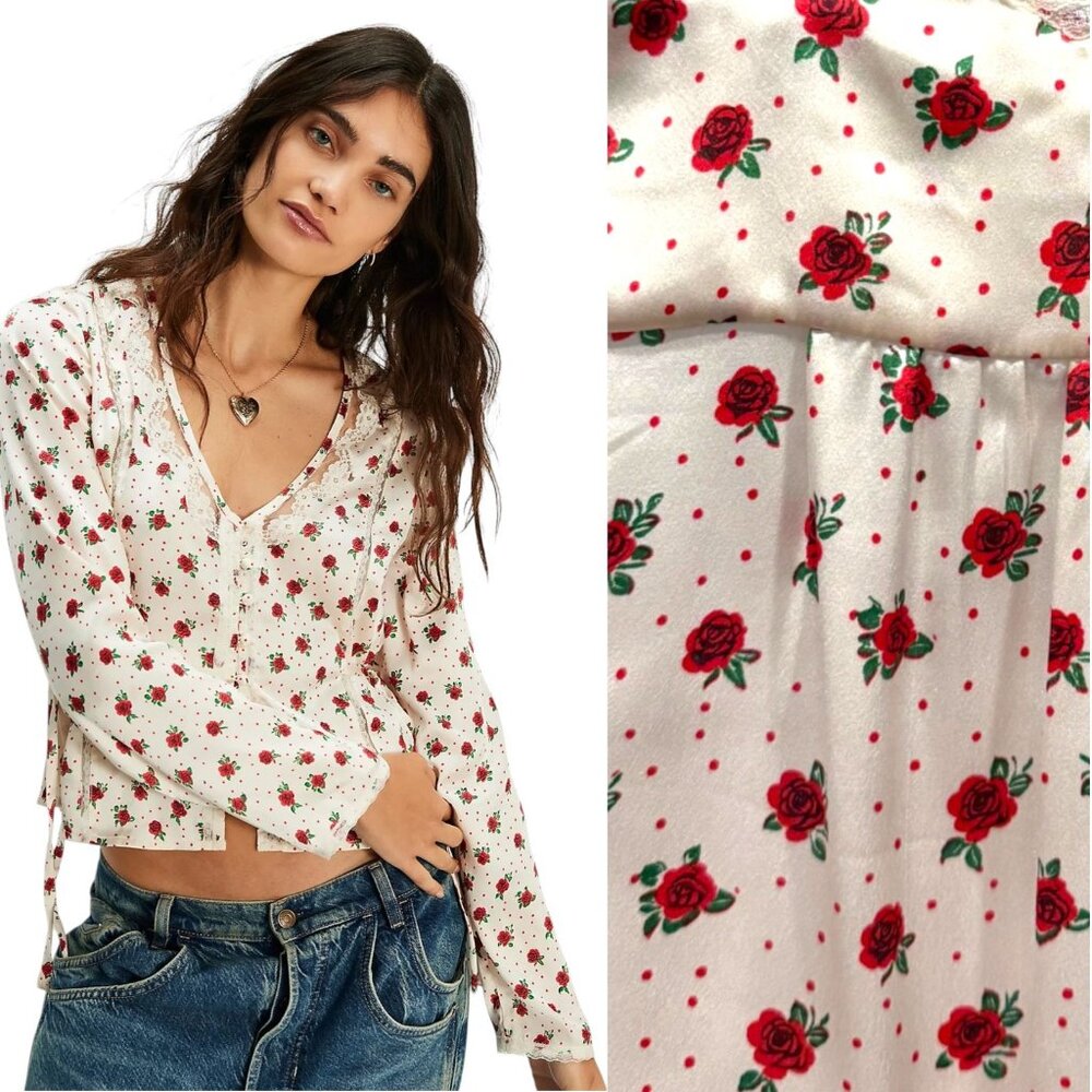 Free People Field of Roses Polka Dot Top Size‎ XS Coquette Soft Girl Cottagecore